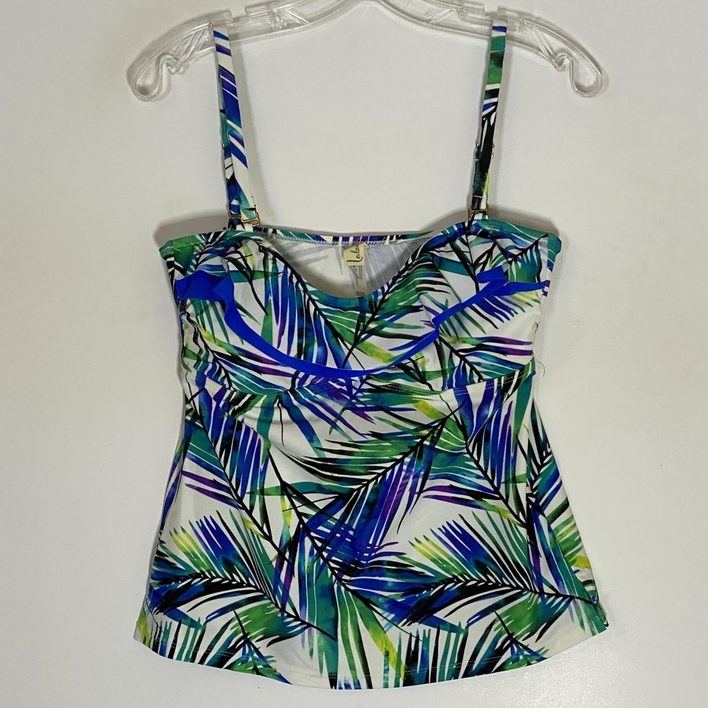 Leilani Tankini Top Womens 10 Multicolor Tropical Palm Print Ruffle Swimwear